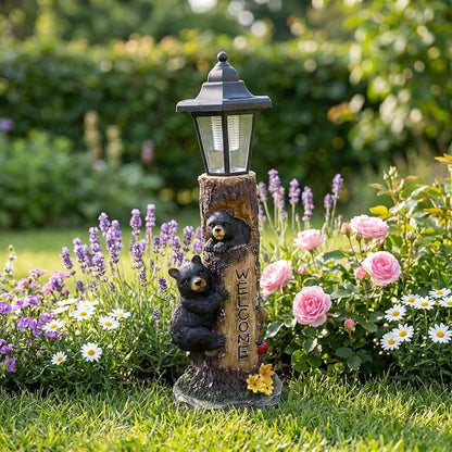 Brown Bear Statue for Garden with Solar Lights, 19 Inch Resin Bear Cubs Welcome Sign Outdoor Decor, Solar Powered Auto On/Off LED, Weather Resistant Yard Lawn Patio Cabin Figurine