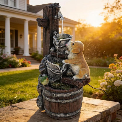 24.5" Puppy & Green Bird Outdoor Fountain with LED Lights | Pastoral Buckets & Wooden Barrel Water Feature, 3-Tiers Soothing Cascading Waterfall for Patio, Backyard, Garden