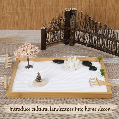 Mini Zen Garden for Desk Buddha | 11 x 7.5 in Desktop Sand Tray with Buddha, Japanese Meditation Gift Set for Home, Office, Therapy Room & Desk Decor