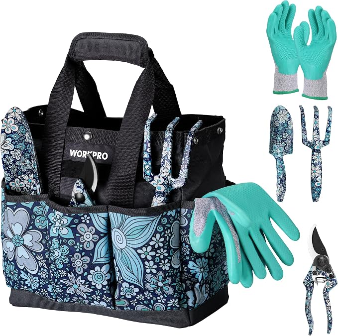 WORKPRO 5PCS Garden Tool Set, Aluminum Heavy Duty Gardening Tool Set with Garden Tool Bag, Outdoor Garden Hand Tools, Floral Blue