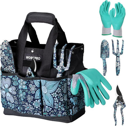 WORKPRO 5PCS Garden Tool Set, Aluminum Heavy Duty Gardening Tool Set with Garden Tool Bag, Outdoor Garden Hand Tools, Floral Blue