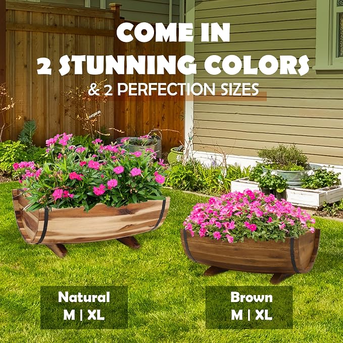 Solid Acacia Wood Half Barrel Planters Outdoor Set of 2 Different Sizes, Wooden Planters for Outdoor Plants with Metal Bands & Drainage Holes, Legs Included, Natural