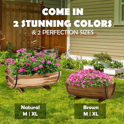 Solid Acacia Wood Half Barrel Planters Outdoor Set of 2 Different Sizes, Wooden Planters for Outdoor Plants with Metal Bands & Drainage Holes, Legs Included, Natural