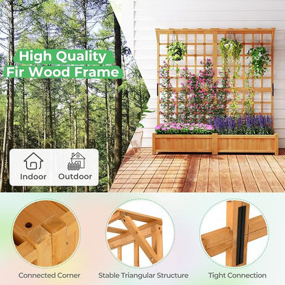 COSTWAY 71” Large Wooden Raised Garden Bed with Trellis and Hanging Roof, 2 Planter Boxes, 4 Drainage Holes, Removable Bottom Plate for Climbing Plants, Flowers, Outdoor Balcony Planter
