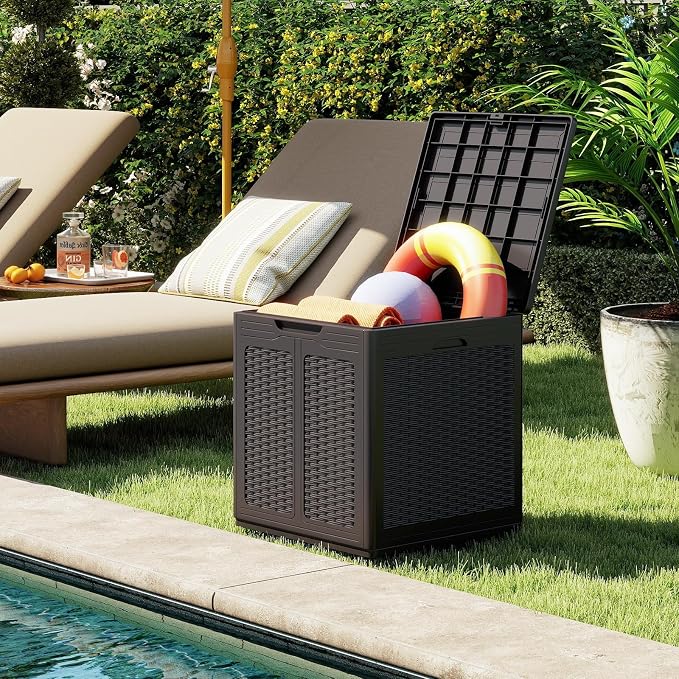Tangkula 39 Gallon Outdoor Storage Box, Waterproof PP Resin Patio Storage Box with Lockable Lid for Indoor & Outdoor Use, Rattan Design Deck Box for Cushions, Garden Tools