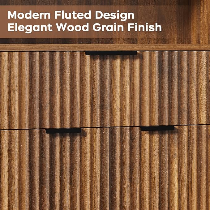 Fluted Buffet Cabinet with Storage, Modern Coffee Bar Cabinet with Drawer & Adjustable Shelf, Wood Sideboard Cabinet for Kitchen, Bathroom, Entryway and Living Room Walnut