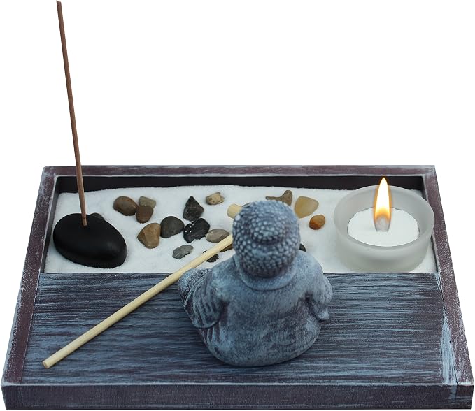Zen Garden Deluxe Desk Meditation Garden Grey Buddha Statue with Rocks, Tea Light Holder, Rake, Incense and Incense Holder, Sand and Base - Peace & Tranquility (Candle Not Included)