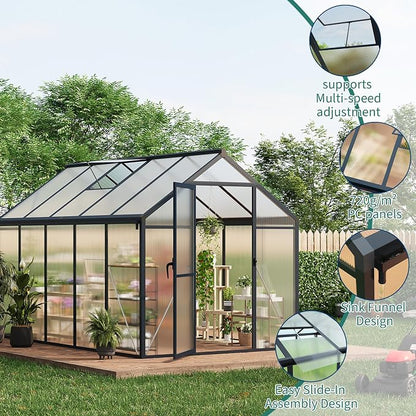 Garvee 6x10ft Walk-in Greenhouse, Heavy Duty Large Outdoor Green House | Polycarbonate Garden Greenhouse with Roof Vent, Lockable Outward-Opening Swing Door & Aluminium Frame for Backyard, Grey