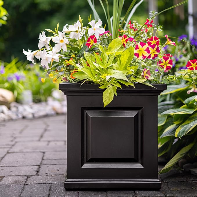 Mayne Nantucket 16-Inch Square Planter – Self-Watering, Weather-Resistant Planter for Flowers – Durable Outdoor Design for Patio, Porch, or Entryway, Black