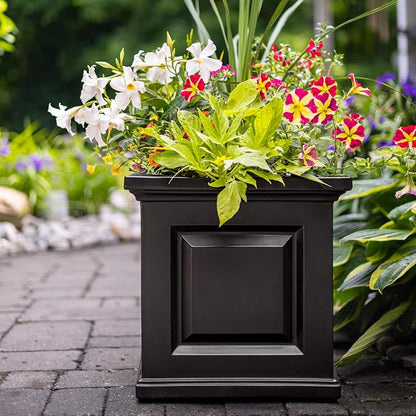 Mayne Nantucket 16-Inch Square Planter – Self-Watering, Weather-Resistant Planter for Flowers – Durable Outdoor Design for Patio, Porch, or Entryway, Black