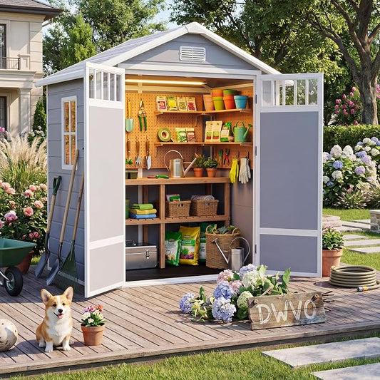 DWVO 6x4.4 FT Outdoor Storage Shed with Fence-Style and Side Windows, Lockable Door and Vents, Resin Storage Shed, Tool Shed for Garden Backyard Patio Lawn