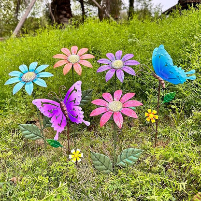 6Pack Metal Flowers for Outside，16.15 Inch Metal Flowers&Colorful Butterfly Decorative Garden Stakes for Spring Decor, Shaking Head Yard Art Garden Decorations for Outdoor Lawn Porch Pathway