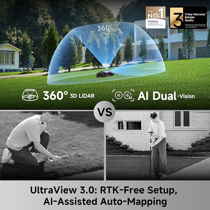 MOVA LiDAX Ultra 2000 AWD Robot Lawn Mower Wire Free RTK Free for up to 0.5 Acre*Dual Maps, 360° 3D LiDAR & AI Dual Vision Mapping, Robotic Mower with 4G, for 80% Slopes, Cutting Height 1.2”–3.9“