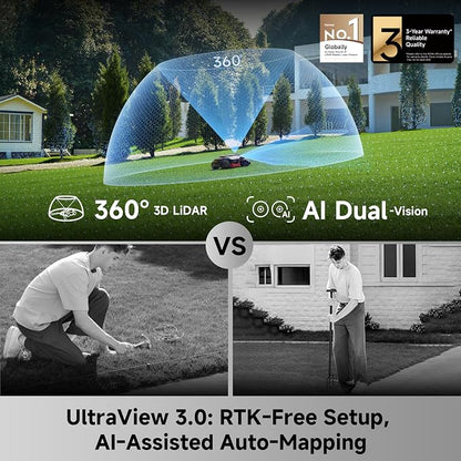 MOVA LiDAX Ultra 2000 AWD Robot Lawn Mower Wire Free RTK Free for up to 0.5 Acre*Dual Maps, 360° 3D LiDAR & AI Dual Vision Mapping, Robotic Mower with 4G, for 80% Slopes, Cutting Height 1.2”–3.9“