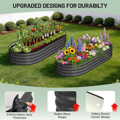 Garvee Galvanized Raised Garden Bed, 2Pcs Raised Garden Beds Outdoor, Oval Planter Raised Beds with Gloves and Rubber Edge Trim for Vegetables, Flowers and Herbs, 4x2x1 FT, Dark Grey