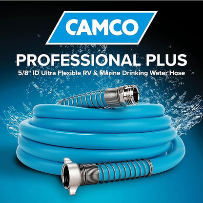 Camco EVOFlex 50-Ft RV Drinking Water Hose - Features Extra Flexible Design w/Stainless Steel Strain Relief Ends - Lead-Free, BPA-Free and Phthalate-Free - 5/8” Inside Diameter (22596)