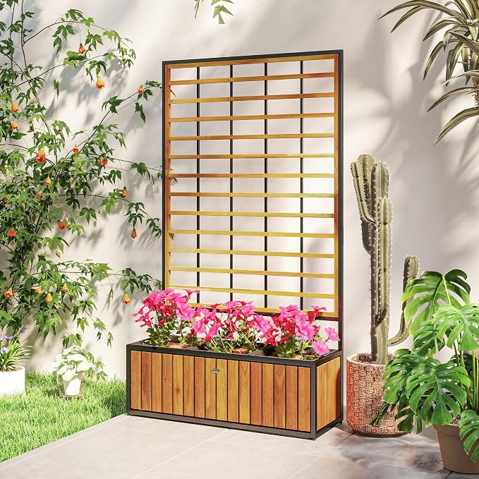 Outsunny Wooden Raised Garden Bed with Trellis, Removable Pots, Drainage Holes for Climbing Vines, Vegetables, Flowers, Raised Planter Box for Backyard, Patio, Balcony, 29 x 11 x 52 in., Teak