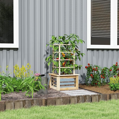 Outsunny Raised Garden Bed with Trellis, Wooden Planter Box with Galvanized Steel Sides, Raised Flower Bed for Climbing Plants, Flowers, Fruits and Vegetables, Natural Wood