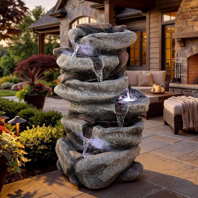 20" H Outdoor Water Fountain with LED Lights, 5-Tier Rock Outdoor Fountain with Pump,Polyresin Cascading Freestanding Waterfall Feature for Tranquil Garden, Patio or Porch