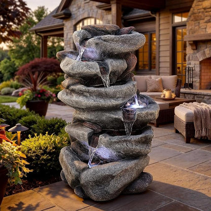20" H Outdoor Water Fountain with LED Lights, 5-Tier Rock Outdoor Fountain with Pump,Polyresin Cascading Freestanding Waterfall Feature for Tranquil Garden, Patio or Porch