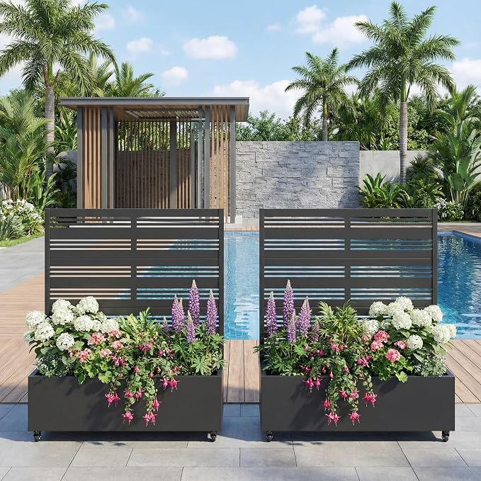 Casaphoria Metal Raised Garden Bed with Trellis and Wheels, 47"x47"x16" Planter Box for Climbing Plants, Vegetables & Vines, Features Drainage Holes and Privacy Screen (Black-Harold)