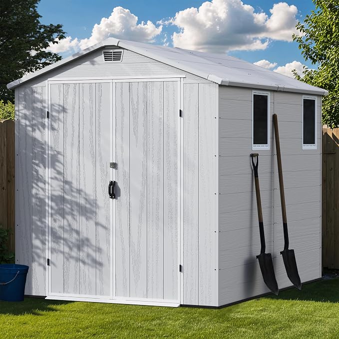 Greesum 6x8FT Plastic Outdoor Storage Shed with Floor, Resin Sheds with Lockable Double Door, Tool Sheds with Window and Vents, for Garden, Yard, Patio, Light Gray