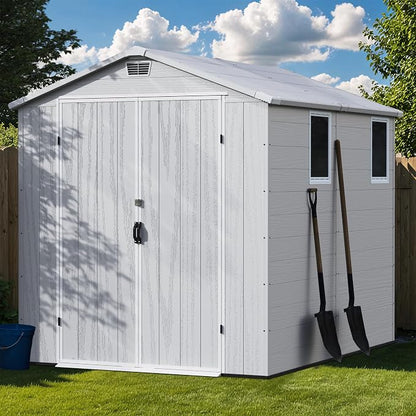 Greesum 6x8FT Plastic Outdoor Storage Shed with Floor, Resin Sheds with Lockable Double Door, Tool Sheds with Window and Vents, for Garden, Yard, Patio, Light Gray