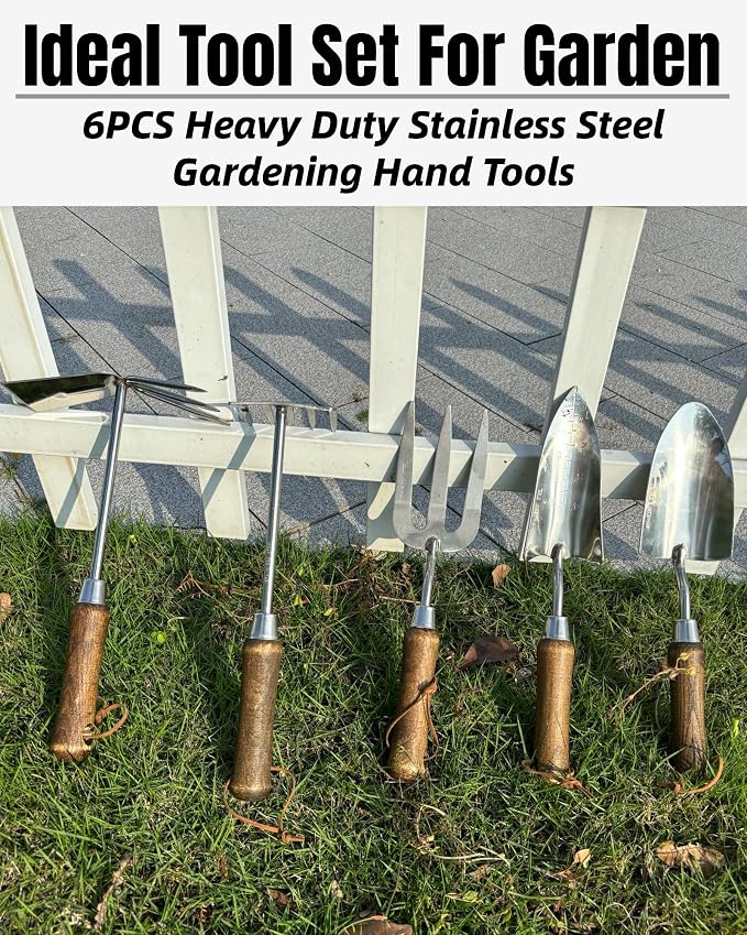 Garden Tool Set, 6PCS Heavy Duty Stainless Steel Gardening Hand Tools with Ropes, Includes Hand Cultivator Shovel Trowel Transplanter 2-in-1 Hoe Pruner, Ideal Gardening Gifts for Women Men (Upgrade)