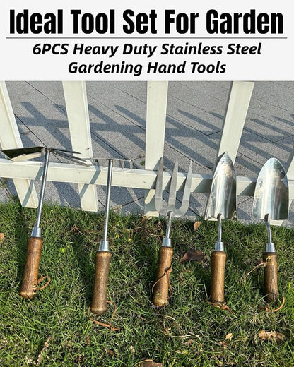 Garden Tool Set, 6PCS Heavy Duty Stainless Steel Gardening Hand Tools with Ropes, Includes Hand Cultivator Shovel Trowel Transplanter 2-in-1 Hoe Pruner, Ideal Gardening Gifts for Women Men (Upgrade)