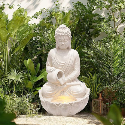 G-LEAF Zen Style Meditating Buddha Statue Water Fountain Outdoor 31'' Tall Patio Garden Water Fountain with LED Light and Submersible Pump Yard Art Decor