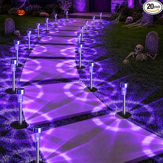 GIGALUMI Purple Solar Pathway Lights, 20-Pack Outdoor Halloween Decor | Waterproof LED stainless stakes for yard, garden & driveway. Purple glow sets spooky mood. Durable & easy install.