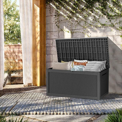 Outdoor Storage Box, 320 Gallon Waterproof Deck Box, Dual Gas-Spring Ultimate Resin Organizer for King Cushions, Heavy-Duty Lockable Estate Storage Bench, Backyard BBQ, Black