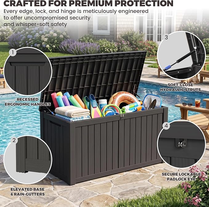 Outdoor Storage Box, 180 Gallon Waterproof Deck Box [Upgraded 3.1], Large Resin Storage with Hydraulic Gas Lifts for Cushions, Lawn Mower Tools Chest Bench, Large Backyard, Black