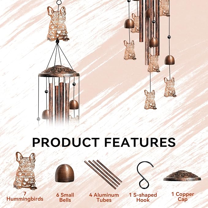 36" French Bulldog Wind Chimes Outdoor Dog Gifts for Women/Men/Mom/Grandma Birthday Gifts Memorial Gift Metal WindChimes for Outside/Indoors, Home, Lawn, Porch, Patio, Garden Decor, Yard Decorations