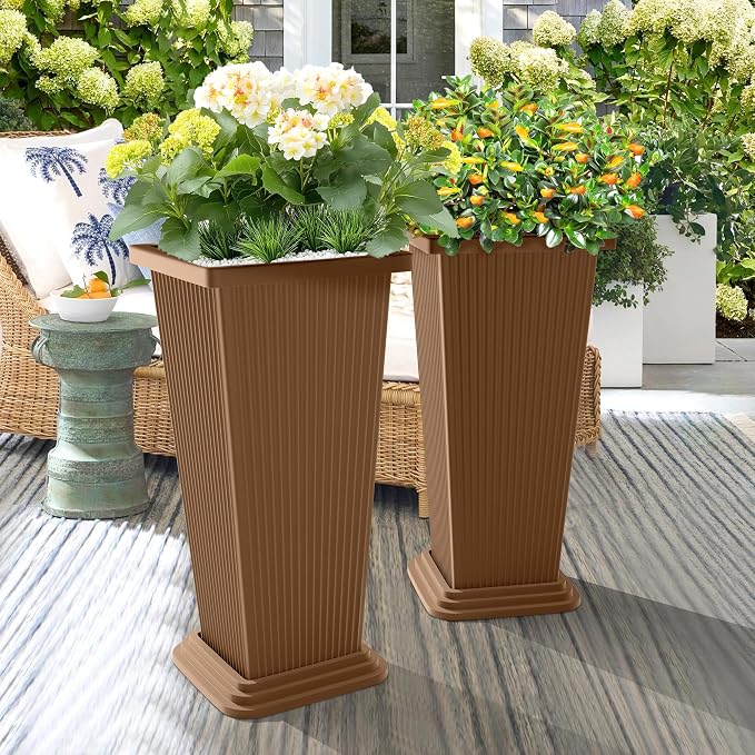 TUYOHW Set of 2 Tall Planters, 24" Large Indoor Outdoor Flower Pots with Tray, Modern Tapered Planters for Porch, Patio, Garden, Backyard