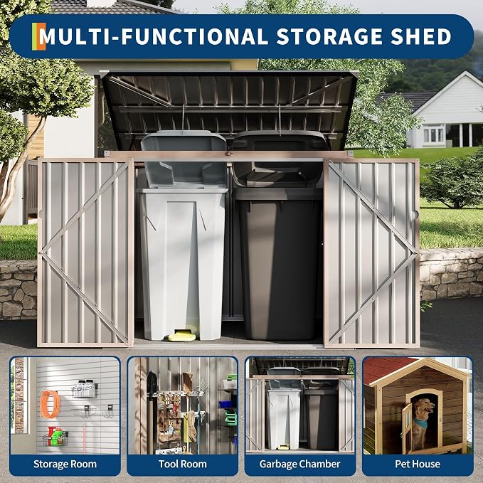 3x6 ft Outdoor Metal Storage Shed for 2 Trash Cans, Weather-Resistant Trash Can Shed with Chain-Lifting Lid for Garden, Backyard & Patio