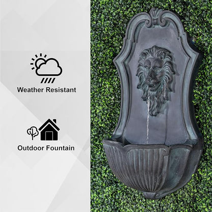 XBrand 29.9" Solar-Powered Wall-Mounted Lion Head Fountain, Resin, Outdoor, Gray