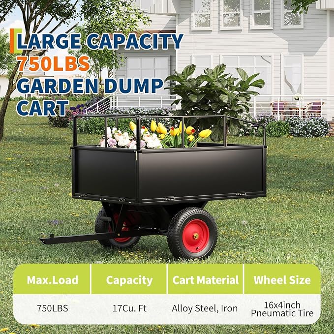 PeakPursuit Tow Behind Steel Dump Cart, Heavy Duty Yard Garden Trailer with Removable Sides & All Terrain Tires, Fits Lawn Mower, Tractor, Garden Cart, 750 lbs 17 Cubic Feet, Black