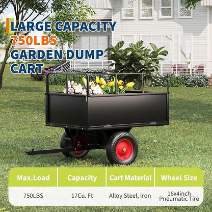 PeakPursuit Tow Behind Steel Dump Cart, Heavy Duty Yard Garden Trailer with Removable Sides & All Terrain Tires, Fits Lawn Mower, Tractor, Garden Cart, 750 lbs 17 Cubic Feet, Black