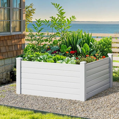 DWVO 4 x 4 x 2 FT Raised Garden Bed, Outdoor Vinyl Flower Bed with Growth Grid, Large Plastic Planter Box for Vegetables, Flowers, Herbs, Fruits, White