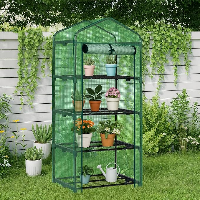 Outvita Mini Greenhouse, Small PE Plant Green House with 4 Tiers Rack, Shelf Clips, Roll-up Zipper Door, Gardening Supplies for Indoor Outdoor Seedling Frost Protection , 27"x19.6"x63" Green