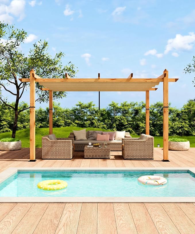 GarveeLife 10 x 13 ft Wood-Grain Aluminum Pergola Outdoor Pergola with Retractable Canopy Sun Shade Shelter for Garden, Patio, Backyard, Deck - Khaki