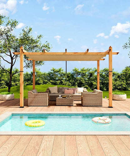 GarveeLife 10 x 13 ft Wood-Grain Aluminum Pergola Outdoor Pergola with Retractable Canopy Sun Shade Shelter for Garden, Patio, Backyard, Deck - Khaki