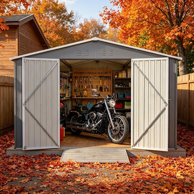 PVWIIK 10x10 FT Large Outdoor Metal Storage Shed, Heavy Duty Waterproof Steel Garden Tool Shed with Lockable Doors, Utility Storage Building for Backyard Patio Lawn Garden, Grey