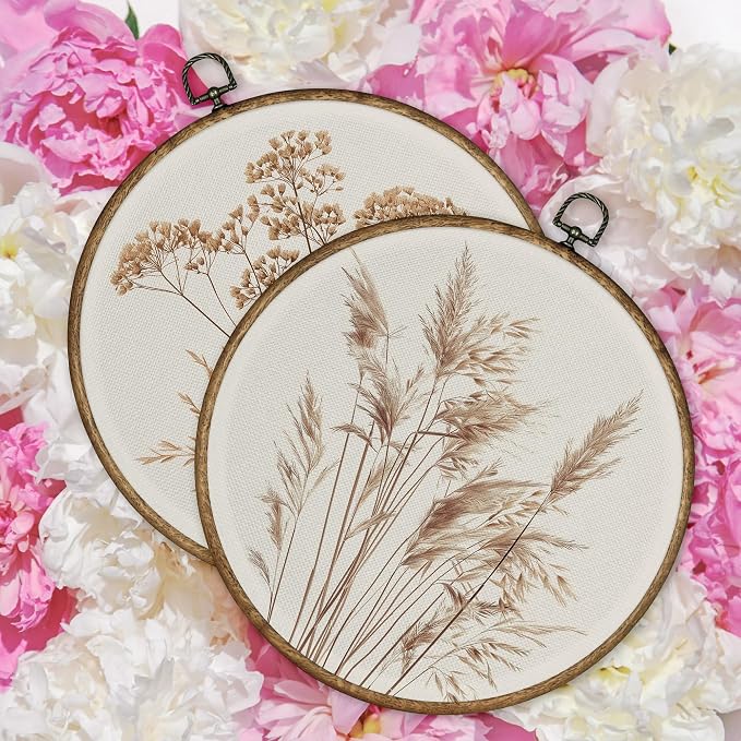 TLESKE Beige Rustic Fall Botanical Round Wall Art Decor Set of 2, Boho Wildflower Floral Framed Canvas Prints Wall Art Artwork, Neutral Vintage Farmhouse Hanging Decor for Bedroom Living Room 10x10