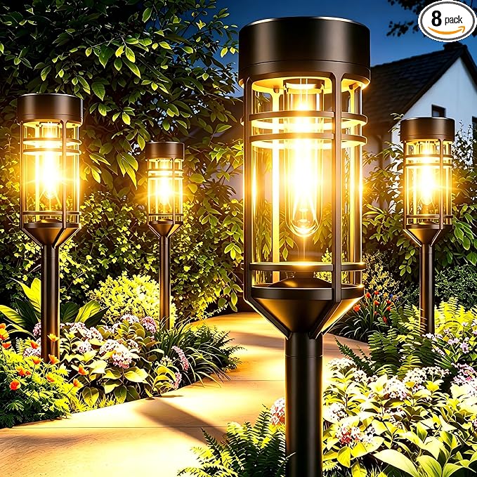 Amzarp 8 Pack Solar Garden Lights, Bright LED Solar Pathway Lights Outdoor IP65 Waterproof Rugged Shatterproof Auto On/Off for Landscape Garden Yard Walkway Driveway Lawn Lighting (3000K Warm White)