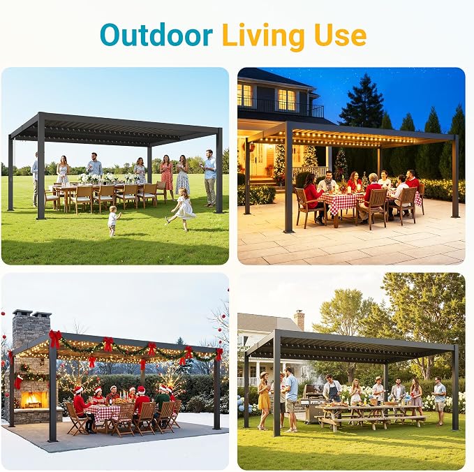 Louvered Pergola, 12' x 16' Outdoor Pergola, Aluminum Frame Patio Gazebo with Adjustable Louvers Roof and Integrated Gutter System, Outdoor Hardtop Gazebo for Patio, Backyard, Deck, Garden, Dark Gray
