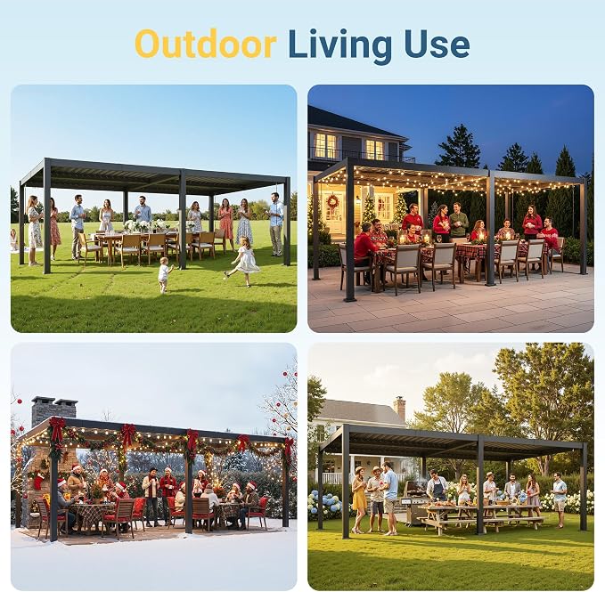 12' x 20' Louvered Pergola, Aluminum Frame Outdoor Pergola with Adjustable Louvered Roof & Integrated Gutter System, Outdoor Hardtop Patio Gazebo for Patio, Backyard, Deck, Garden, Dark Gray