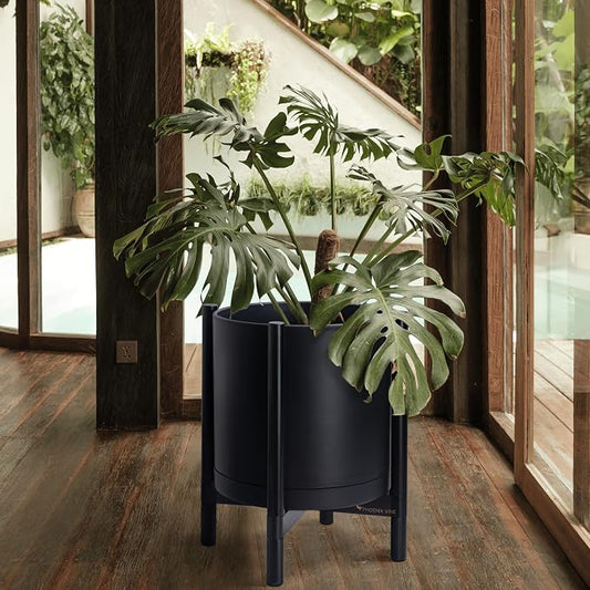 D'vine Dev Plastic Pot with Ebony Wood Stand, Black, 16 in, 55-C-Z-2 | Mid-Century Inspired Design, Elevated Plant Display, Clean Lines, Sturdy Support, Modern Space-Saving Style