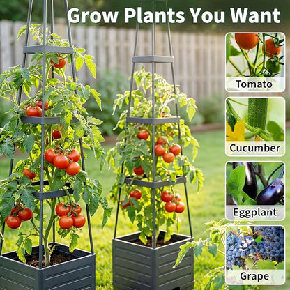 Tomato Planter with Trellis, 57 Inch Self-Watering Planter Box 2-Pack, Grey Planter with Metal Support for Outdoor Indoor Climbing Plants